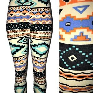 Super Soft Leggings Cream & Blue Aztec Design